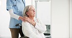 Nurse, elderly woman and wheelchair for holding hands, care and thinking in rehabilitation at clinic. Medic, senior person with disability and mobility for empathy, kindness and respect with vision