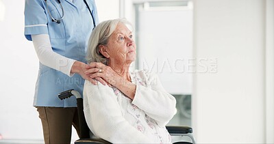 Nurse, elderly woman and wheelchair for holding hands, care and thinking in rehabilitation at clinic. Medic, senior person with disability and mobility for empathy, kindness and respect with vision