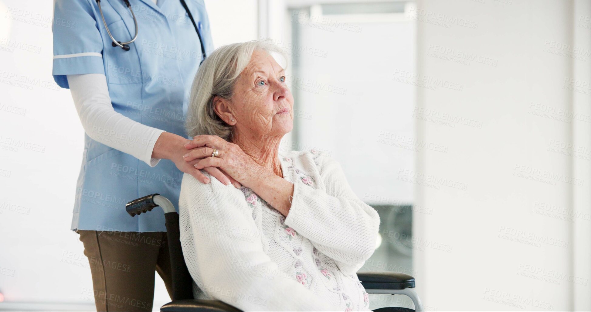 Buy stock photo Nurse, elderly woman and wheelchair for holding hands, care and thinking in rehabilitation at clinic. Medic, senior person with disability and mobility for empathy, kindness and respect with vision