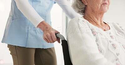 Nurse, senior woman and push wheelchair with helping hand, care and support for rehabilitation in clinic. Medic, elderly person with disability and mobility with empathy, kindness and retirement