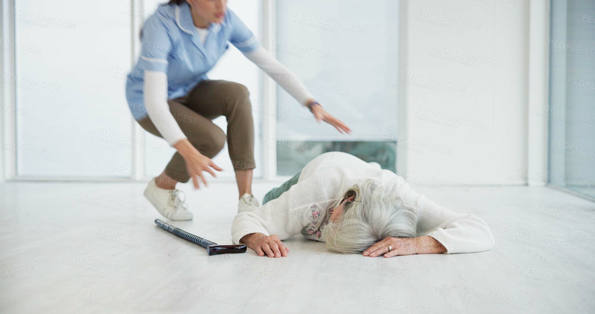 Buy stock photo Accident, help and nurse with old woman on floor for medical, injury and elderly care. Emergency, healthcare and pain with caregiver and patient in nursing home for rescue, retirement and risk