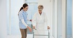 Nurse, elderly woman and walker for helping hand, show or support for guide in rehabilitation at clinic. Medic, elderly person with disability or mobility training with empathy, physiotherapy or care