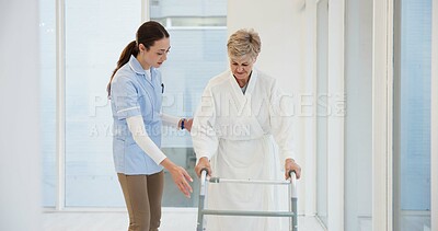 Nurse, elderly woman and walker for helping hand, show or support for guide in rehabilitation at clinic. Medic, elderly person with disability or mobility training with empathy, physiotherapy or care