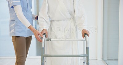Nurse, senior woman and walker for helping hand, show support and guide in rehabilitation at clinic. Caregiver, elderly person with disability and mobility frame with empathy, physiotherapy and care