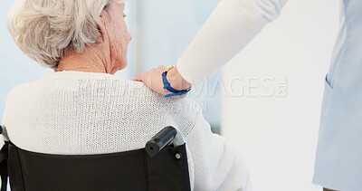 Hand, shoulder and wheelchair with a senior woman in a nursing home for trust, wellness or empathy. Back, comfort or care with an elderly female patient with a disability feeling support from a nurse