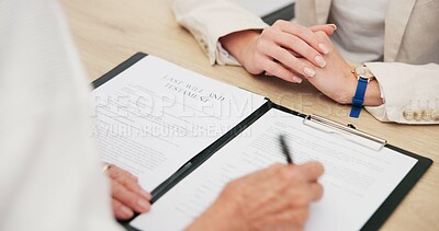Document, signature and hands of a lawyer with a client for a will, planning death or agreement. Office, business and a legal employee writing on paperwork for a person for a law negotiation together