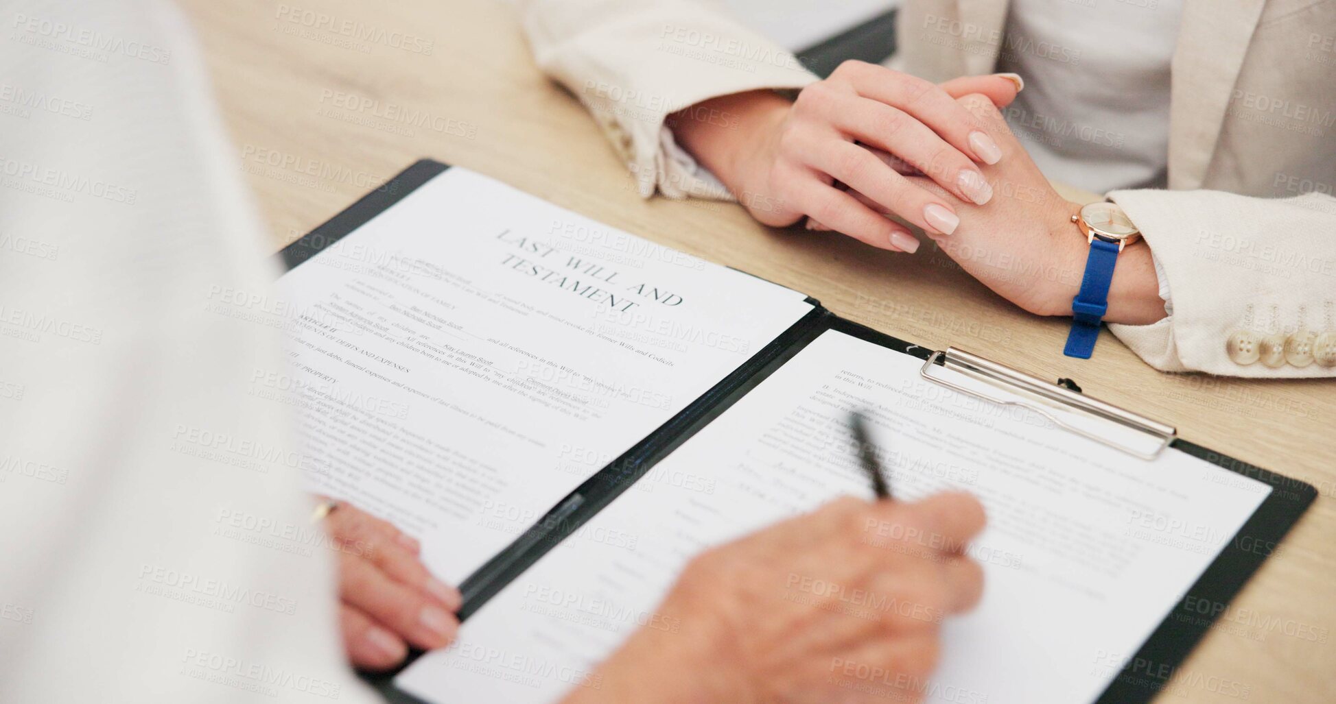 Buy stock photo Document, signature and hands of a lawyer with a client for a will, planning death or agreement. Office, business and a legal employee writing on paperwork for a person for a law negotiation together