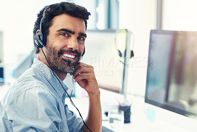Buy stock photo Portrait, smile and man with customer service, telemarketing and computer with tech support, crm or help desk. Person, consultant or employee with a pc, happy or call center with business or internet