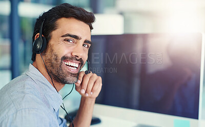 Buy stock photo Portrait, telemarketing and man with a computer, call center and lens flare with headphones, crm and tech support. Face, office or agent with a headset, customer service and help desk with consultant