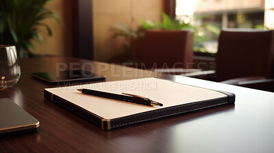 Buy stock photo Pen and notepad on a boardroom table, for meeting discussion and brainstorming