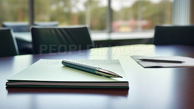 Buy stock photo Pen and notepad on a boardroom table, for meeting discussion and brainstorming