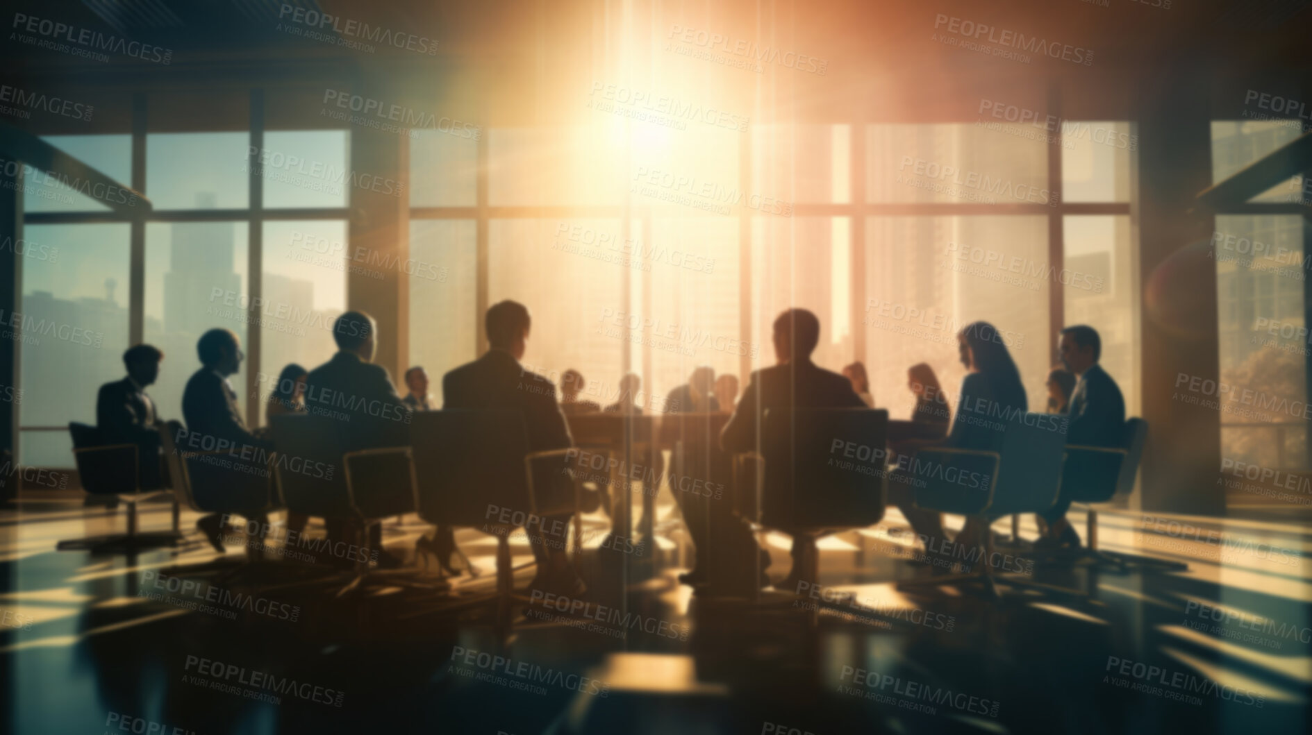Buy stock photo Silhouette of group of business people having a meeting or brainstorming in a boardroom