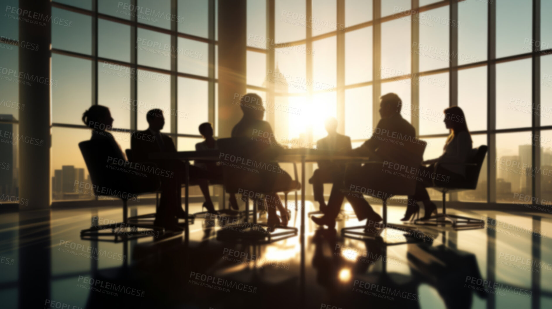 Buy stock photo Silhouette of group of business people having a meeting or brainstorming in a boardroom