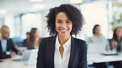 Buy stock photo Portrait of an African American business woman. Happy woman posing in a boardroom