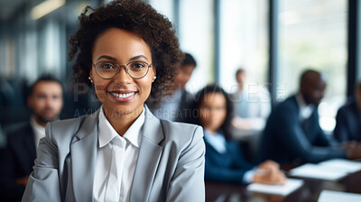 Buy stock photo Portrait of an African American business woman. Happy woman posing in a boardroom
