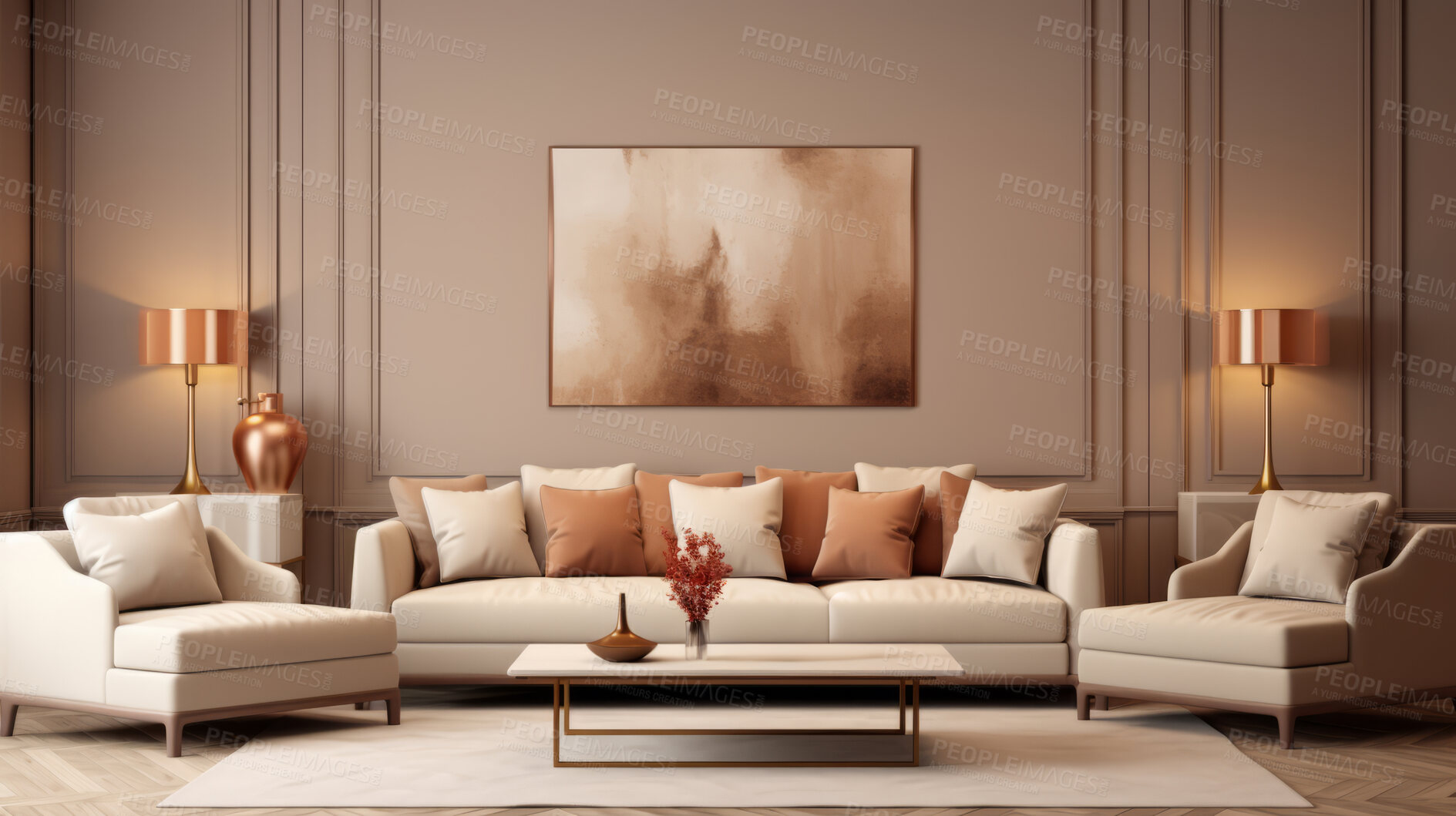 Buy stock photo Luxury living room interior. Brown walls, modern lounge set and abstract art on background