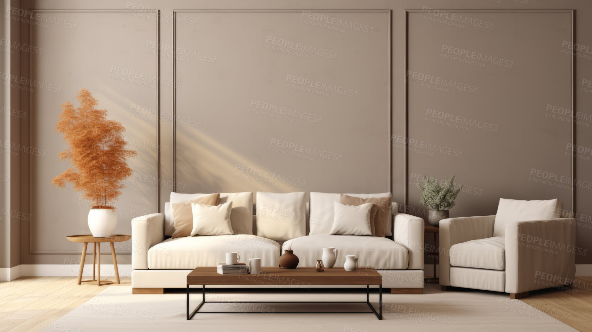 Buy stock photo Luxury living room interior. Brown walls, modern lounge set and empty background