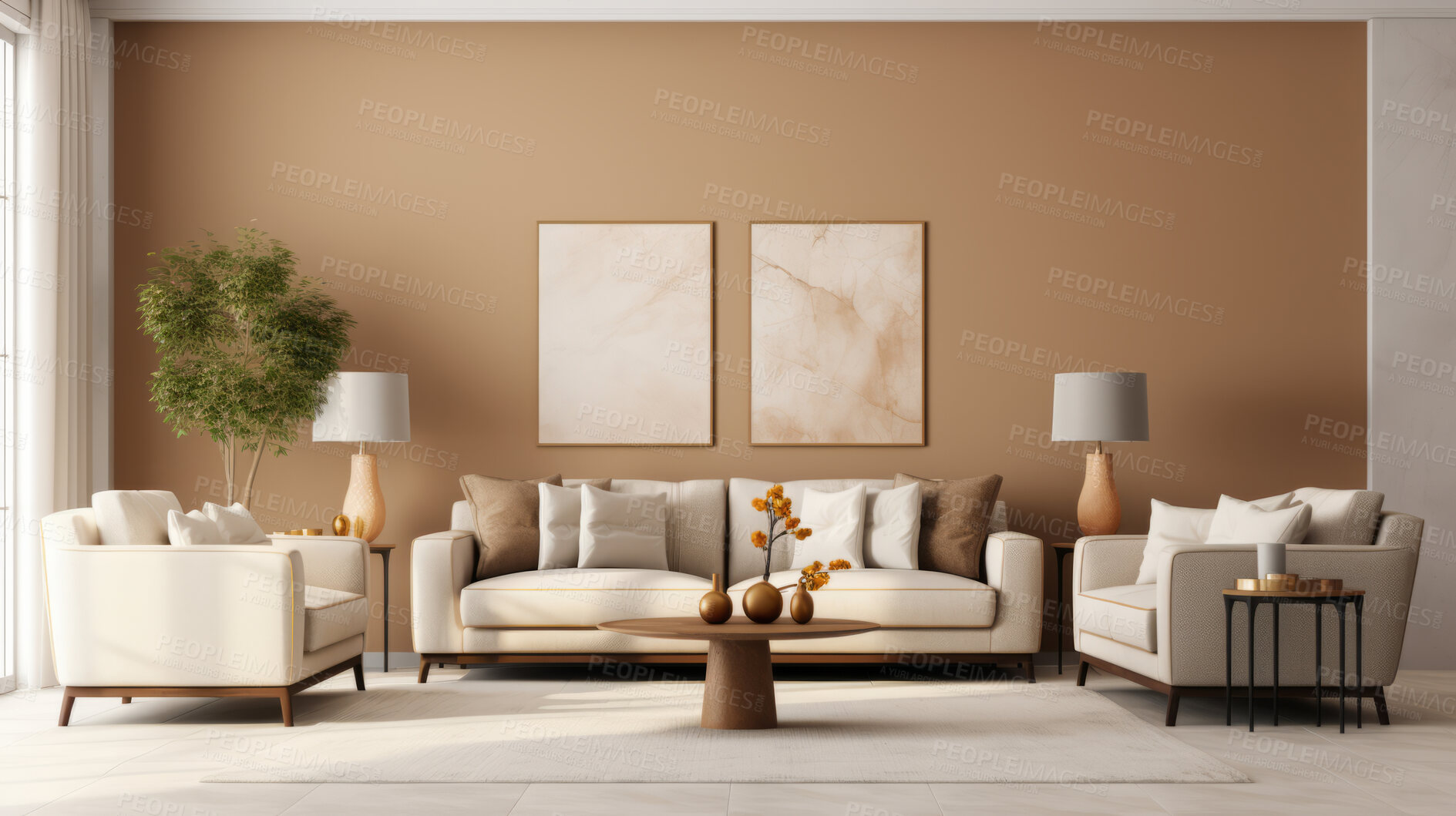 Buy stock photo Luxury living room interior. Brown walls, modern lounge set and abstract art on background