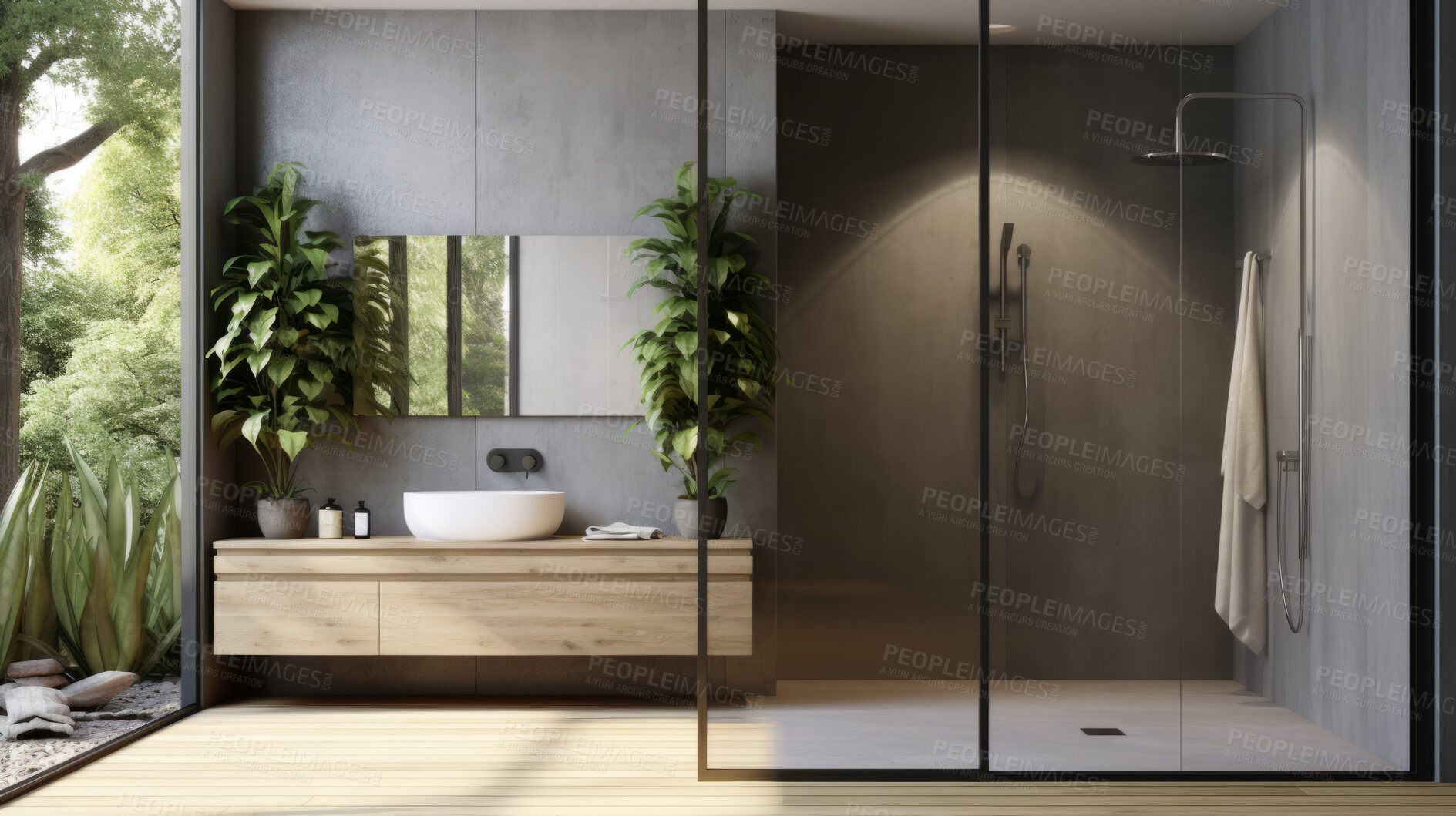 Buy stock photo Modern bathroom interior. Minimalist concrete wall, open air bathroom with plants