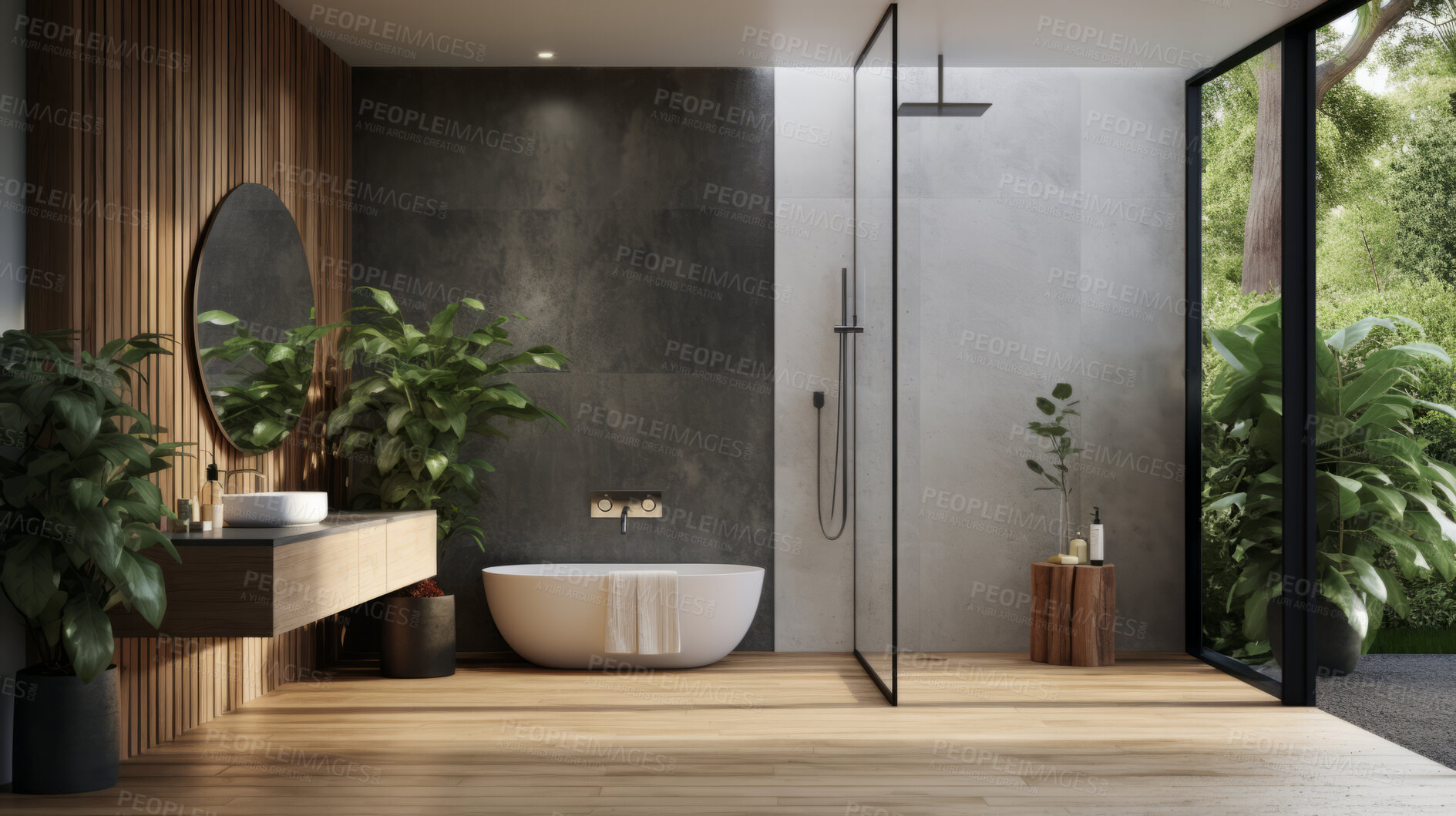 Buy stock photo Modern bathroom interior. Minimalist concrete wall, open air bathroom with plants