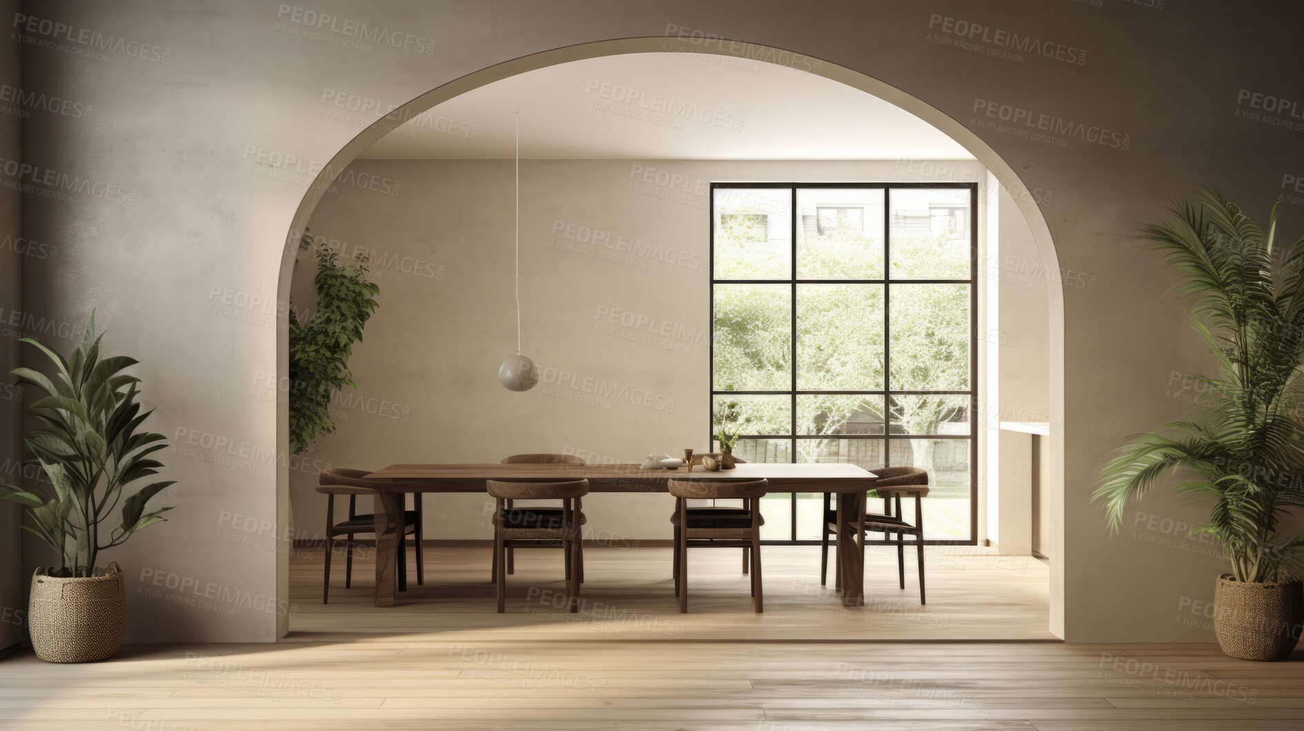 Buy stock photo Modern interior design dining room, with beige walls and furniture render