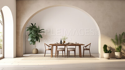 Modern interior design dining room, with beige walls and furniture render