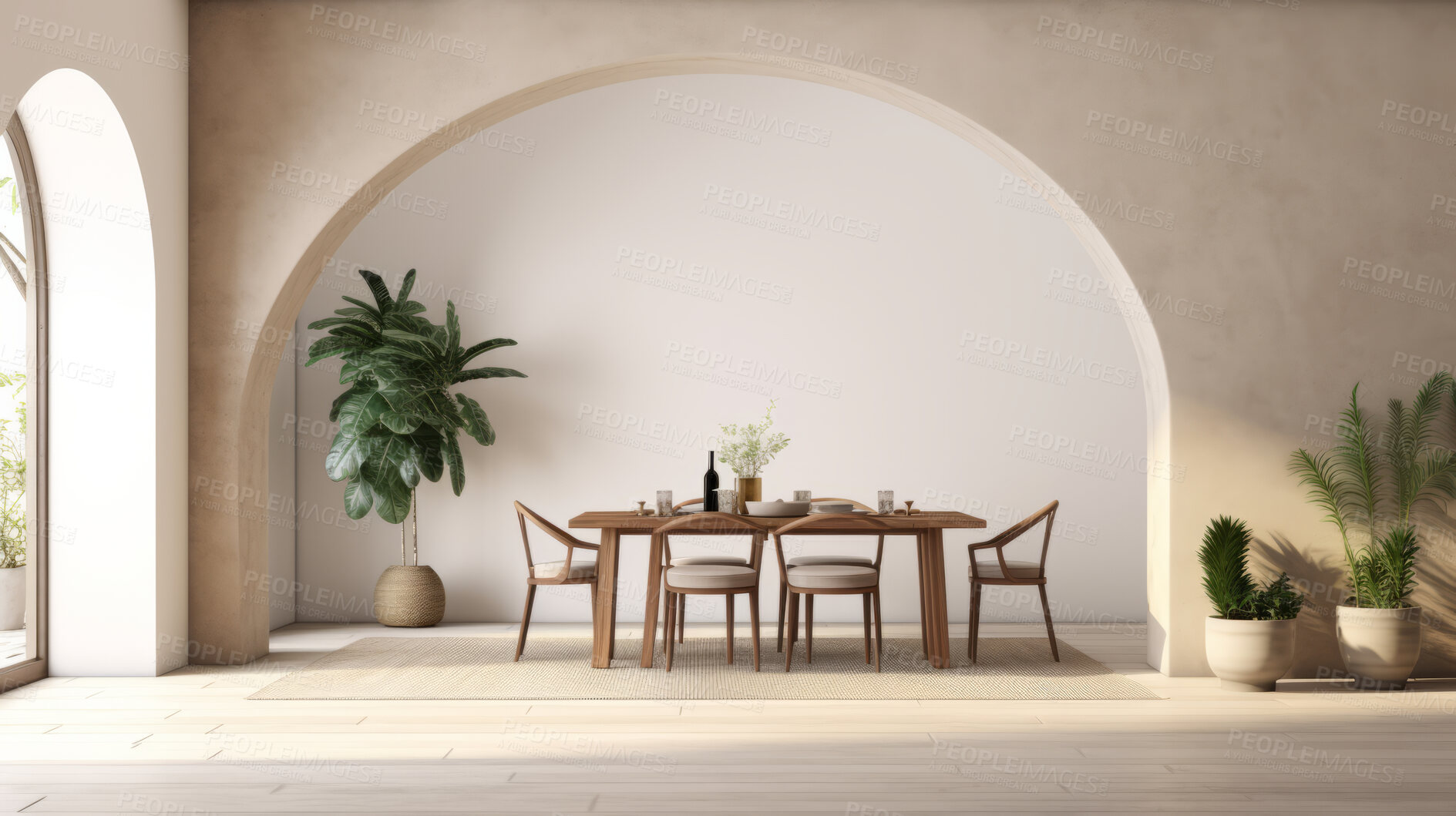 Buy stock photo Modern interior design dining room, with beige walls and furniture render