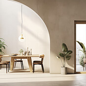 Modern interior design dining room, with beige walls and furniture ...