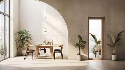 Modern interior design dining room, with beige walls and furniture render