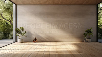 Empty room with beige walls, wooden floor with plants and window. Interior design mockup