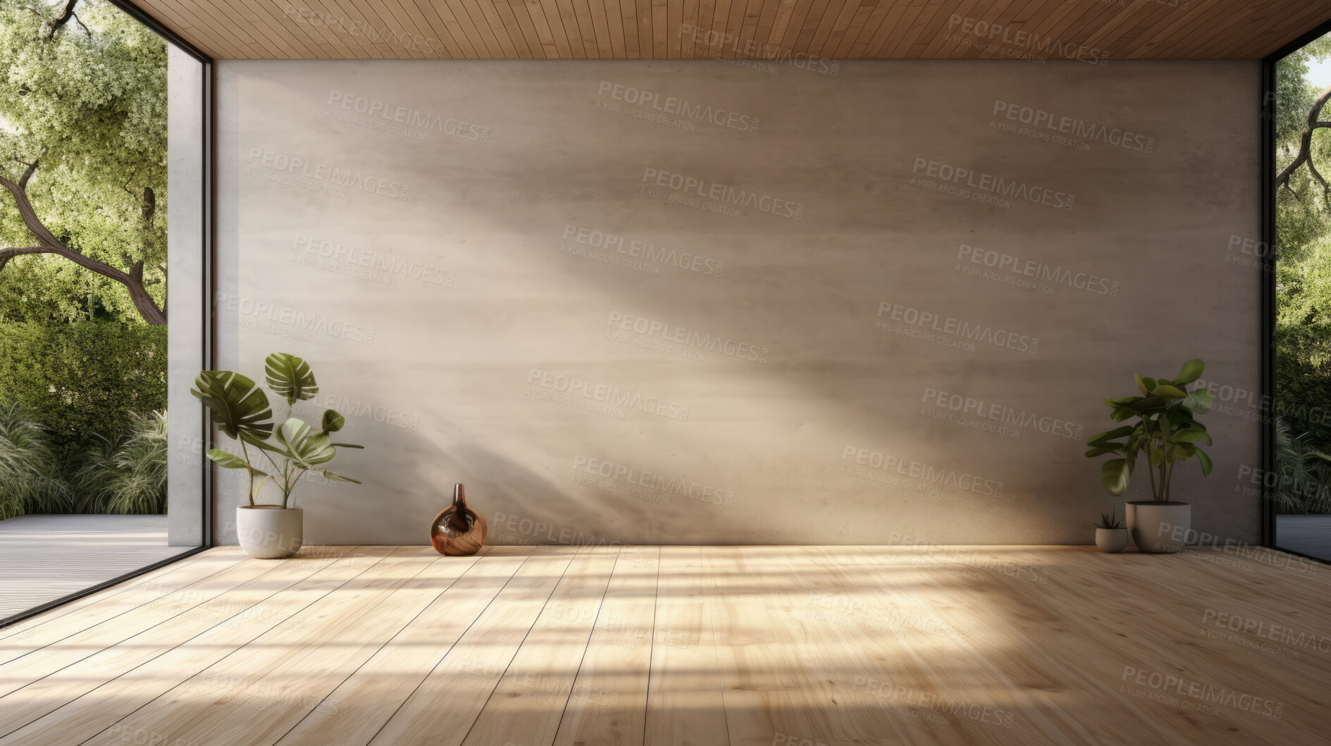 Buy stock photo Empty room with beige walls, wooden floor with plants and window. Interior design mockup