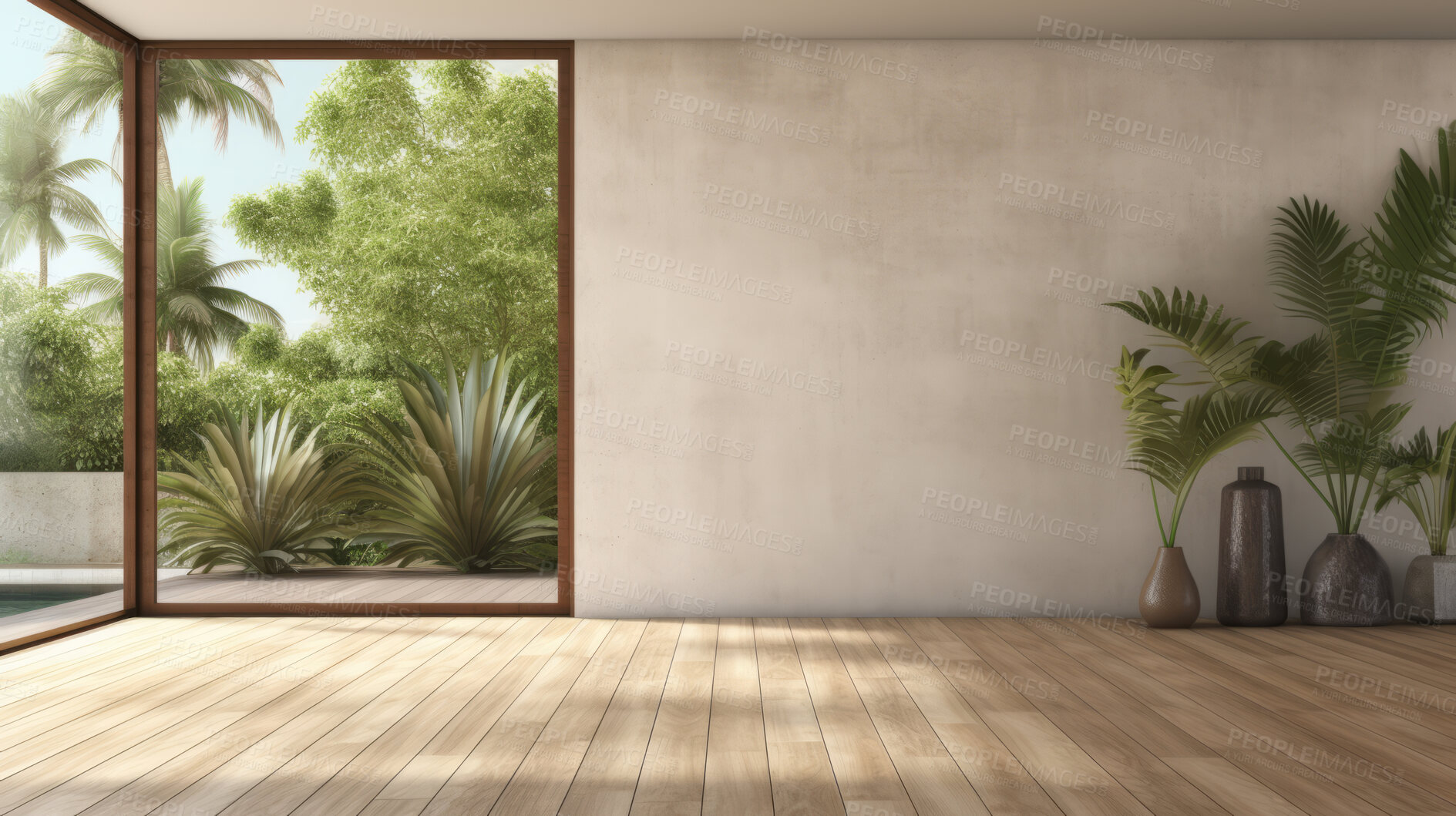 Buy stock photo Empty room with grey wall, wooden floor with plants and window. Interior design mockup