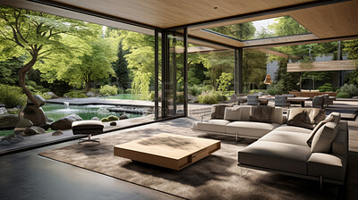 Luxury mansion interior building with garden. Tropical vacation home. Interior design mockup