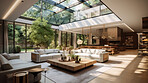 Luxury mansion interior building with garden. Tropical vacation home. Interior design mockup
