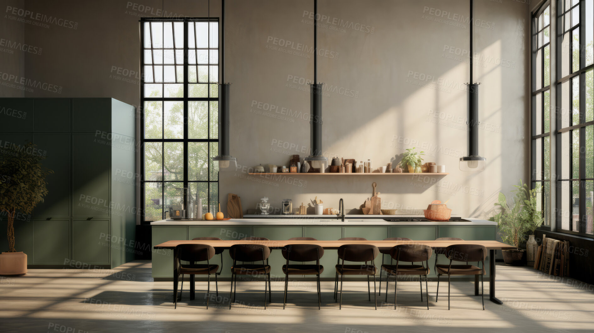 Buy stock photo Luxury kitchen interior design mockup. High windows and kitchen furniture render