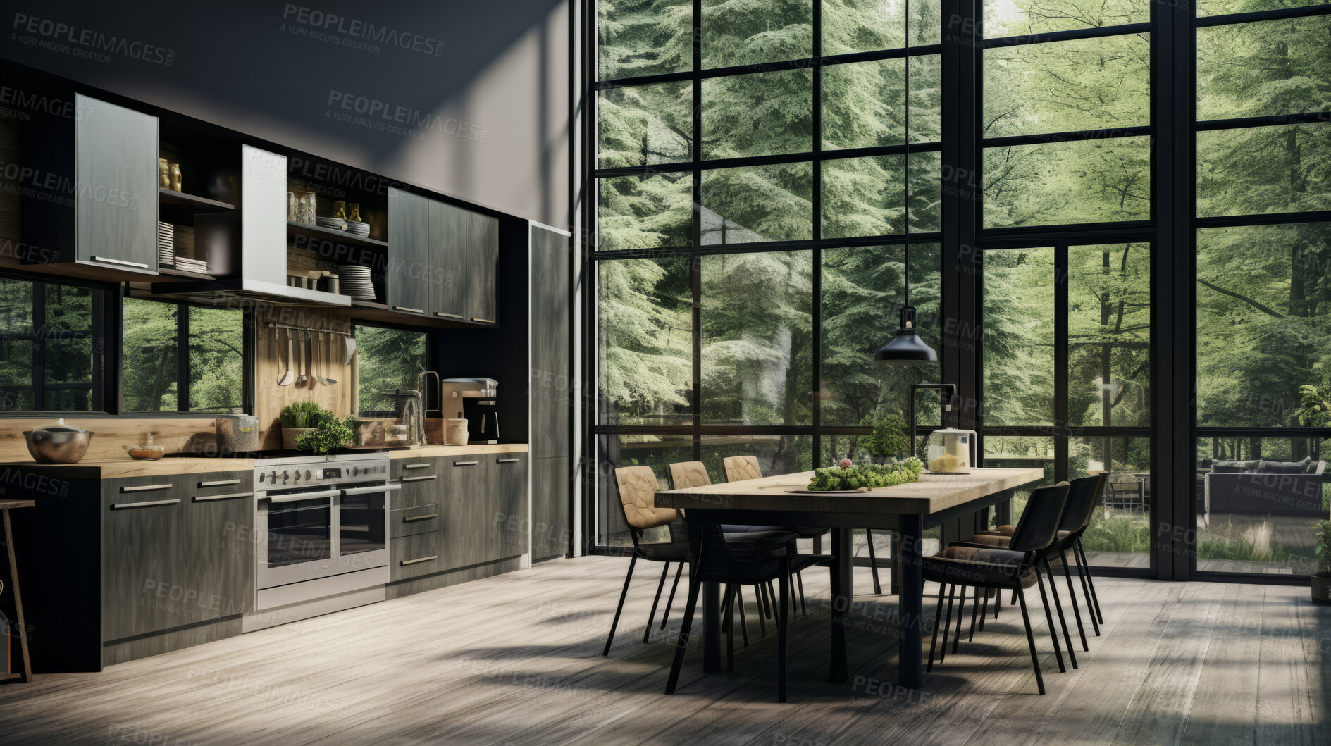 Buy stock photo Luxury kitchen interior design mockup. High windows and kitchen furniture render