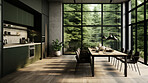 Luxury kitchen interior design mockup. High windows and kitchen furniture render