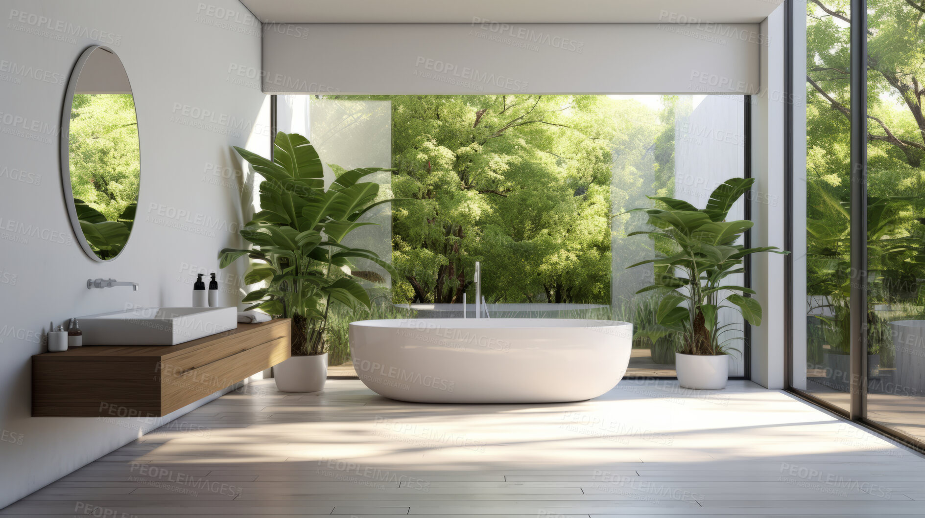 Buy stock photo Modern bathroom interior design. Minimalist white open air bathroom with plants