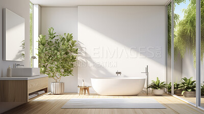 Buy stock photo Modern bathroom interior design. Minimalist white open air bathroom with plants