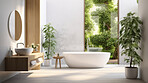 Modern bathroom interior design. Minimalist white open air bathroom with plants