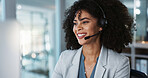 Computer, call center and funny woman in customer service, tech support and talk to contact at help desk. Communication, telemarketing and African sales agent laughing, consulting and crm advisory