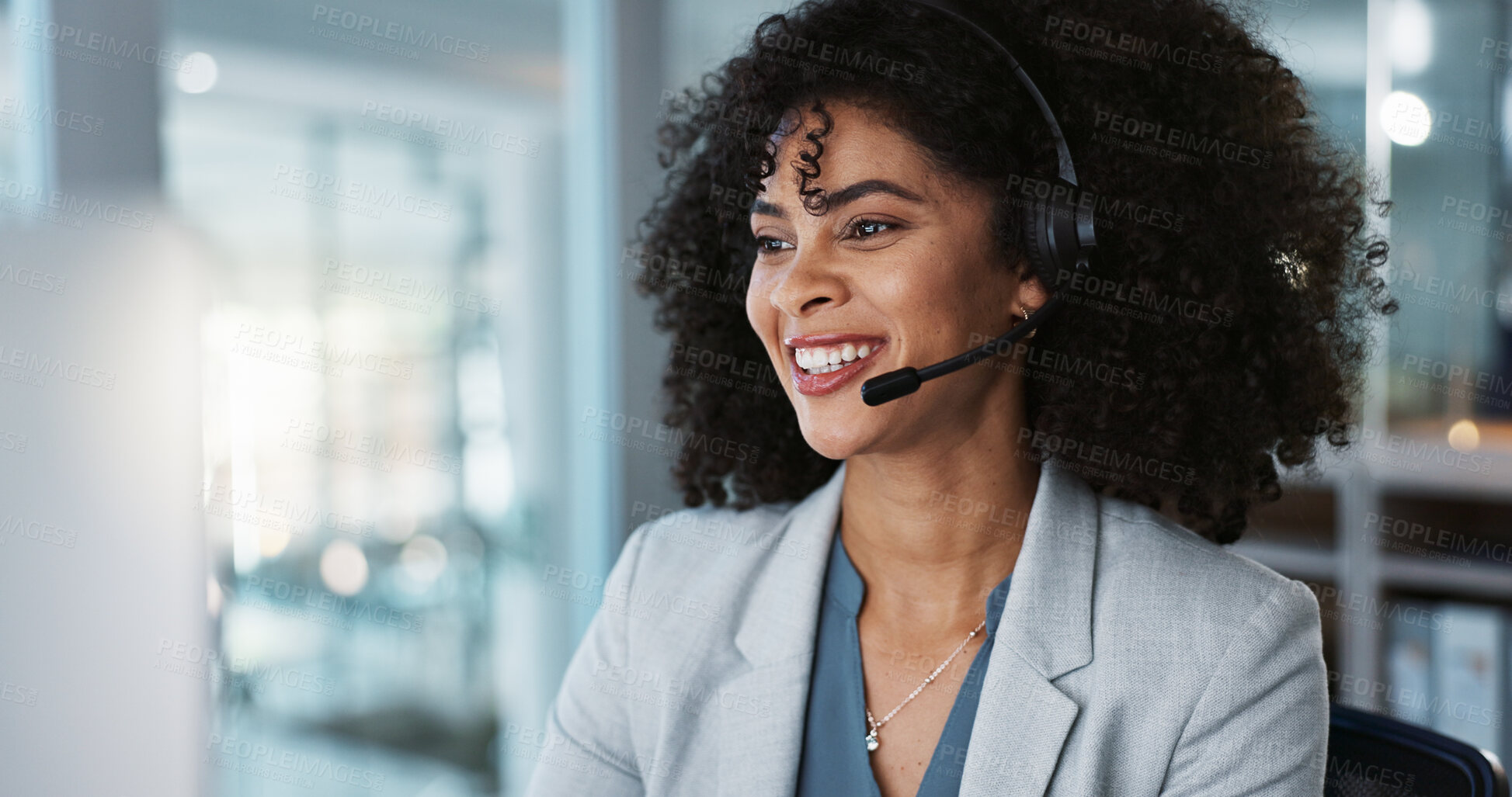 Buy stock photo Computer, call center and funny woman in customer service, tech support and talk to contact at help desk. Communication, telemarketing and African sales agent laughing, consulting and crm advisory