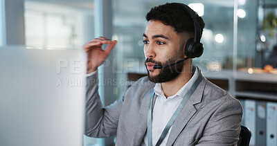 Computer, call center and man talking to customer service, crm support or contact us at help desk for inbound marketing. Communication, telemarketing and sales agent chat to client in lead generation