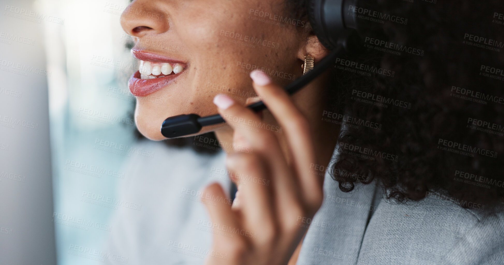 Buy stock photo Mouth, call center and woman talking in customer service, tech support and contact us at help desk. Telemarketing, closeup of lips and happy sales agent consulting in crm advisory for communication