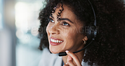 Happy woman, face and consulting in call center, customer service or telemarketing at office. Friendly female person, consultant or agent smile laughing for funny joke, online advice or communication