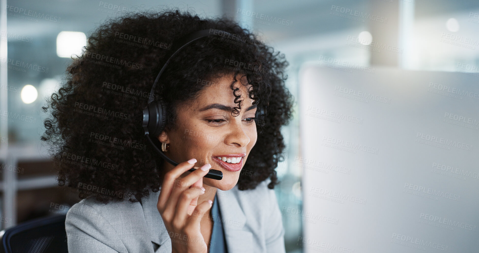 Buy stock photo Computer, call center and funny woman talking in customer service, tech support and contact us at help desk. Communication, telemarketing and happy sales agent laughing, consulting and crm advisory