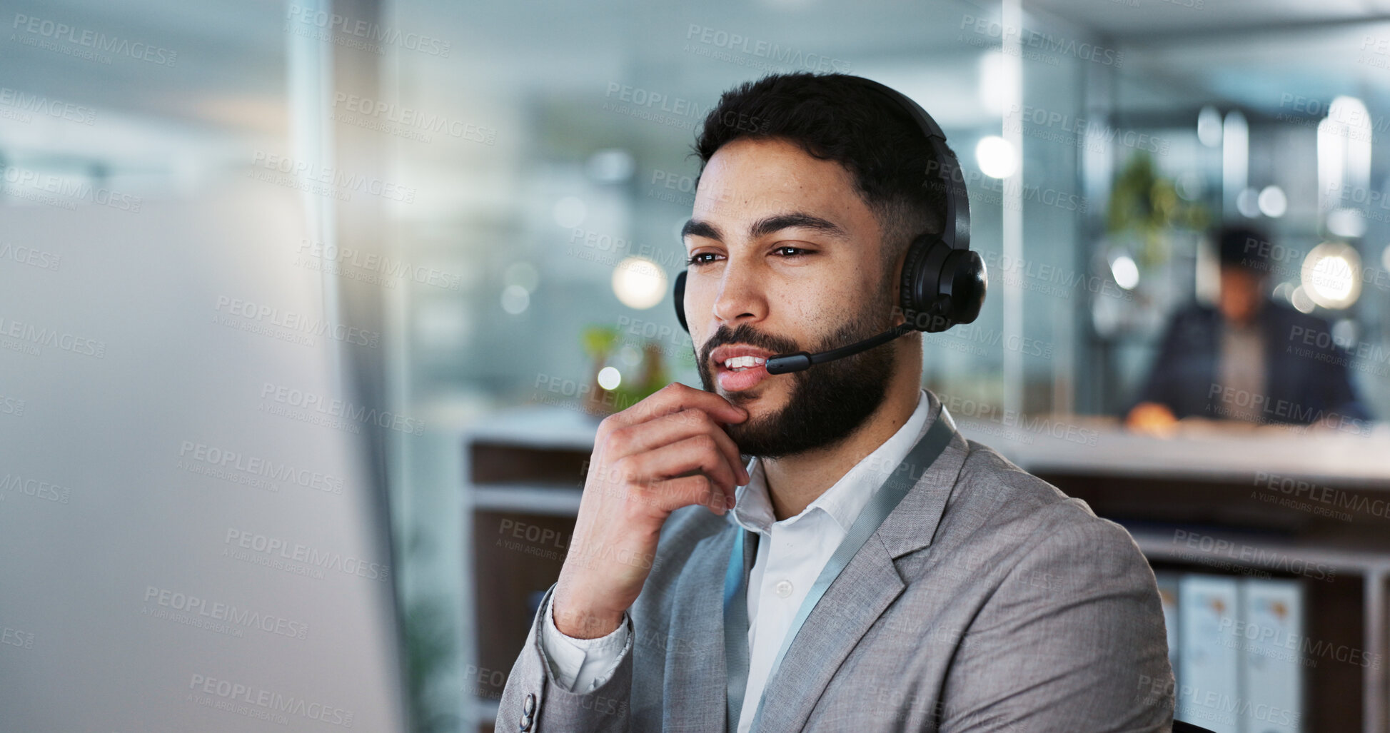 Buy stock photo Businessman, face and consulting in call center, customer service or telemarketing at office. Corporate man, consultant or agent talking with headphones in online advice or communication at workplace