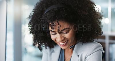 Computer, call center and funny woman talking in customer service, tech support and contact us at help desk. Communication, telemarketing and happy sales agent laughing, consulting and crm advisory