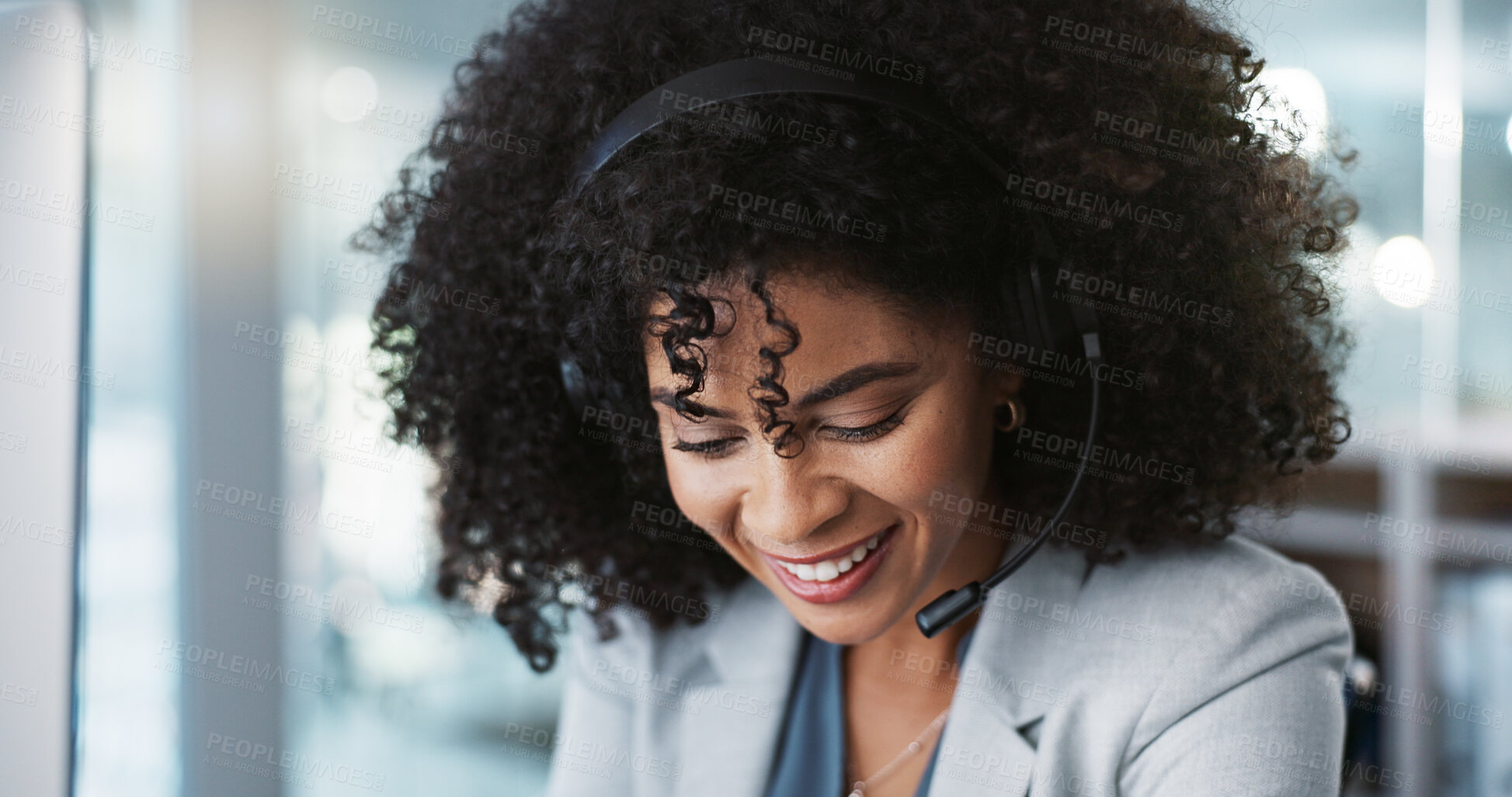 Buy stock photo Computer, call center and funny woman talking in customer service, tech support and contact us at help desk. Communication, telemarketing and happy sales agent laughing, consulting and crm advisory