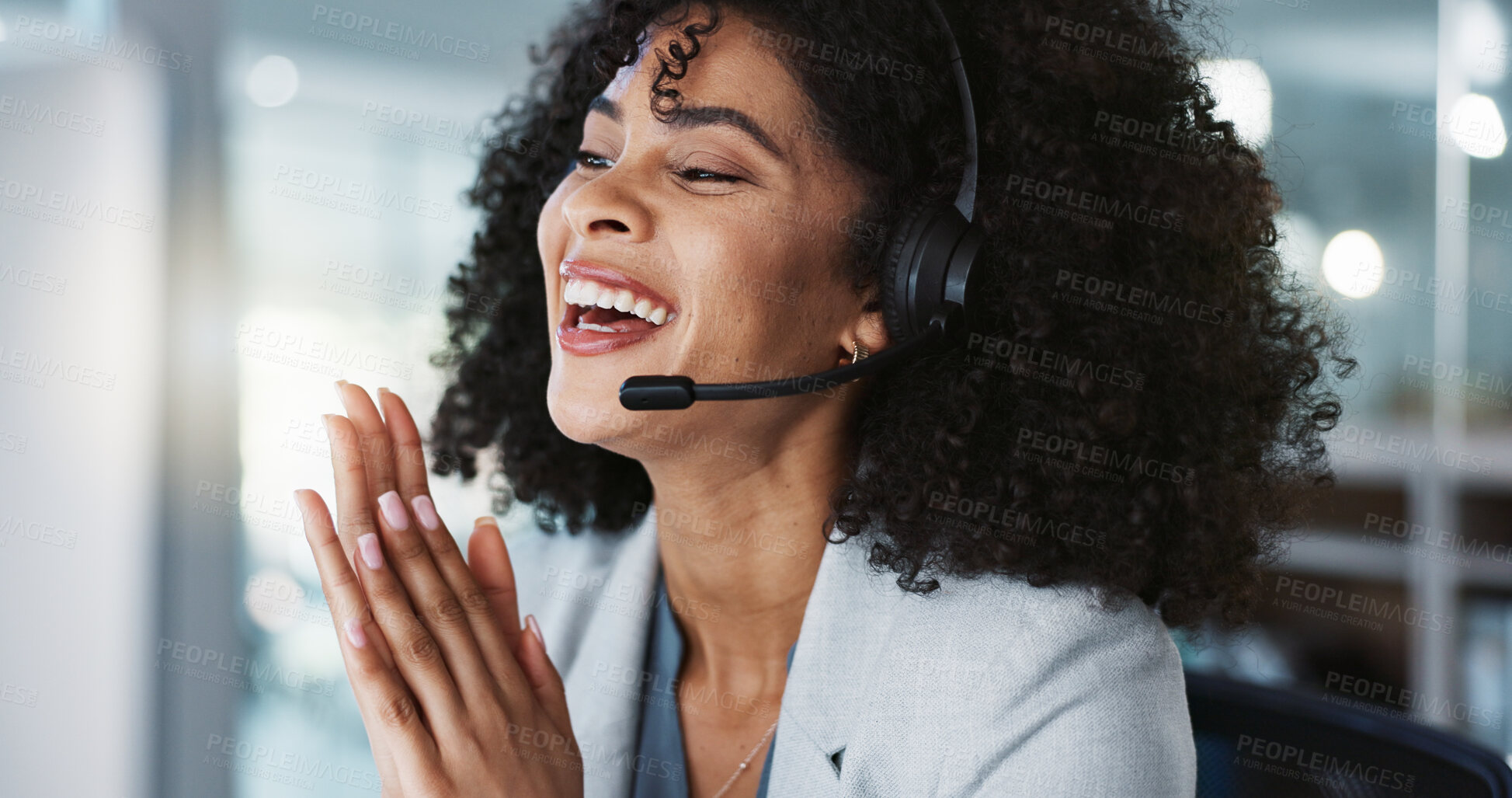 Buy stock photo Computer, call center and funny woman in customer service, tech support and talk to contact at help desk. Communication, telemarketing and African sales agent laughing, consulting and crm advisory